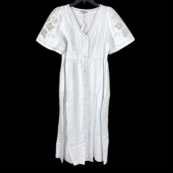Madewell Cassie Button-Front Midi Dress Small Linen eyelet sleeves white NWT - Picture 2 of 11